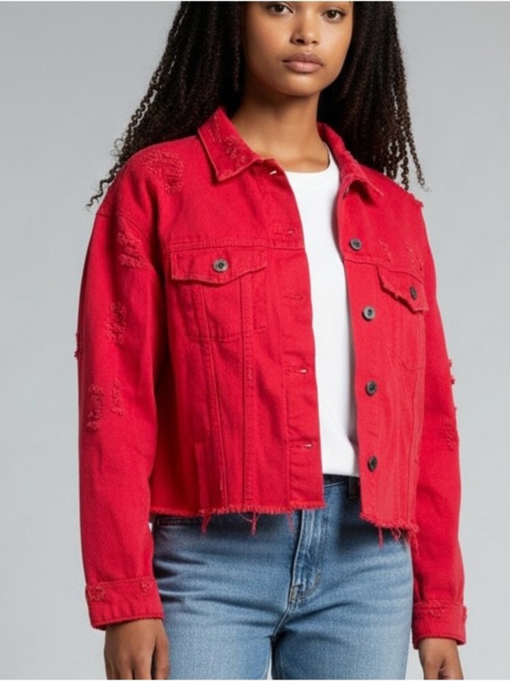 M2 Distressed Women’s Red Denim Jacket – Size Small